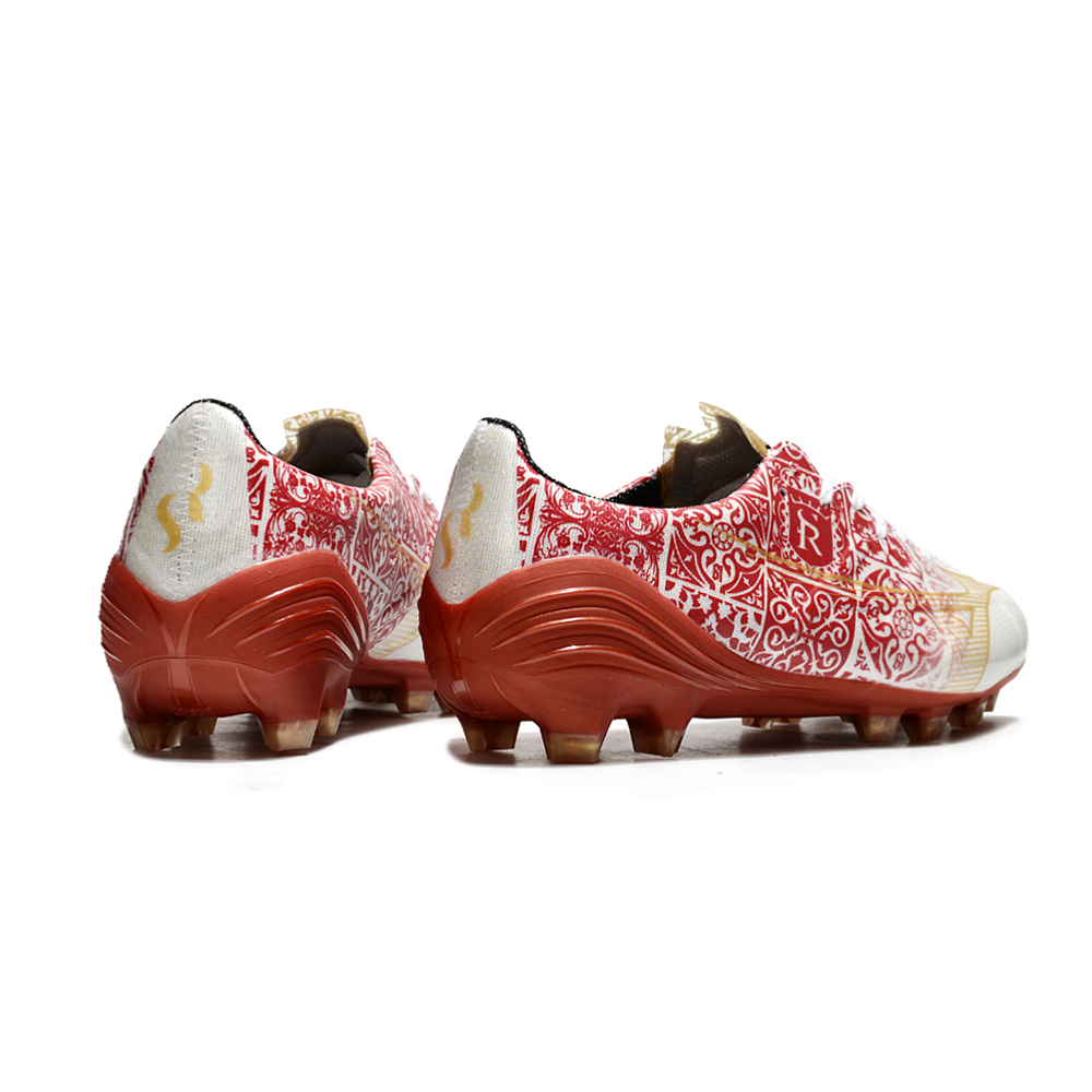 Chuteira Campo Mizuno Alpha FG Branca, Vermelho e Dourado 