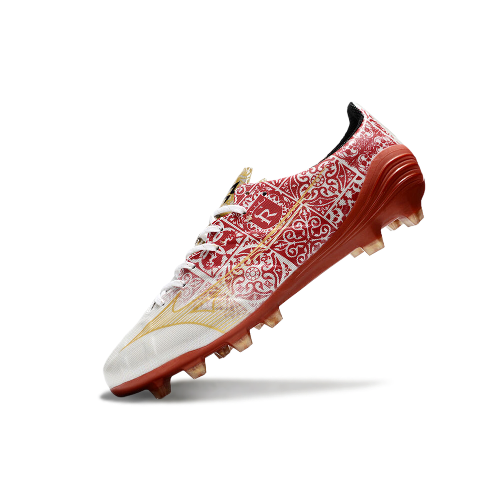 Chuteira Campo Mizuno Alpha FG Branca, Vermelho e Dourado 