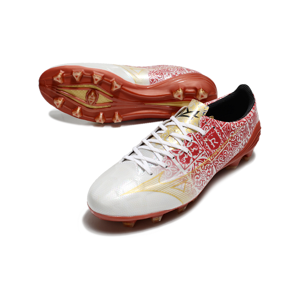 Chuteira Campo Mizuno Alpha FG Branca, Vermelho e Dourado 