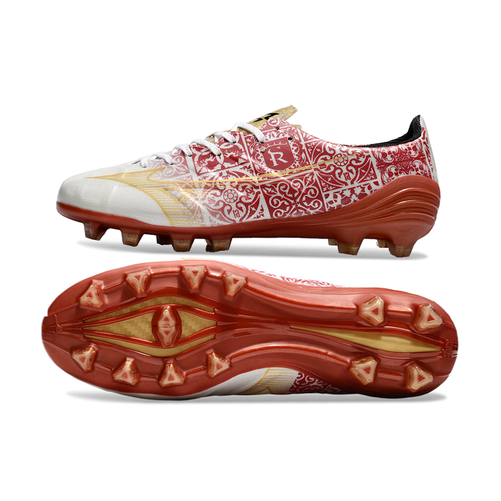 Chuteira Campo Mizuno Alpha FG Branca, Vermelho e Dourado 