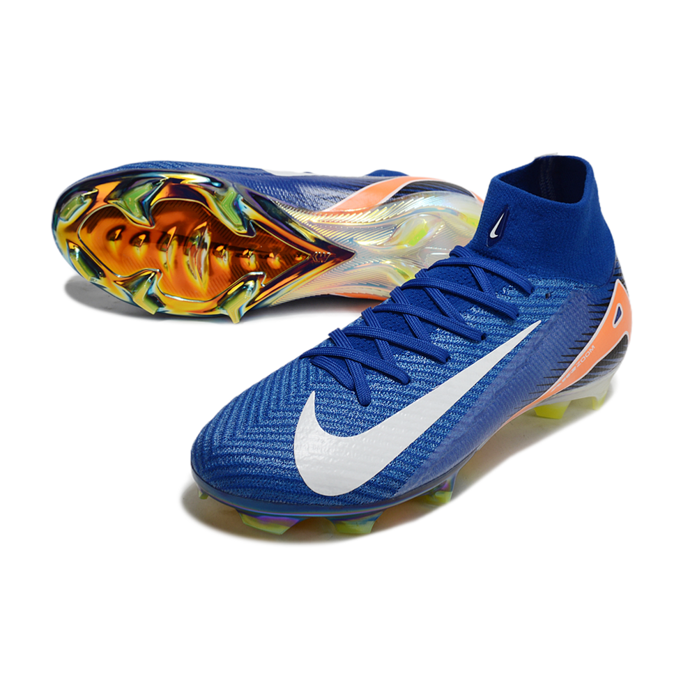 Chuteira Campo Nike Air Zoom Mercurial Superfly 10 Elite FG Azul, Branca e Laranja