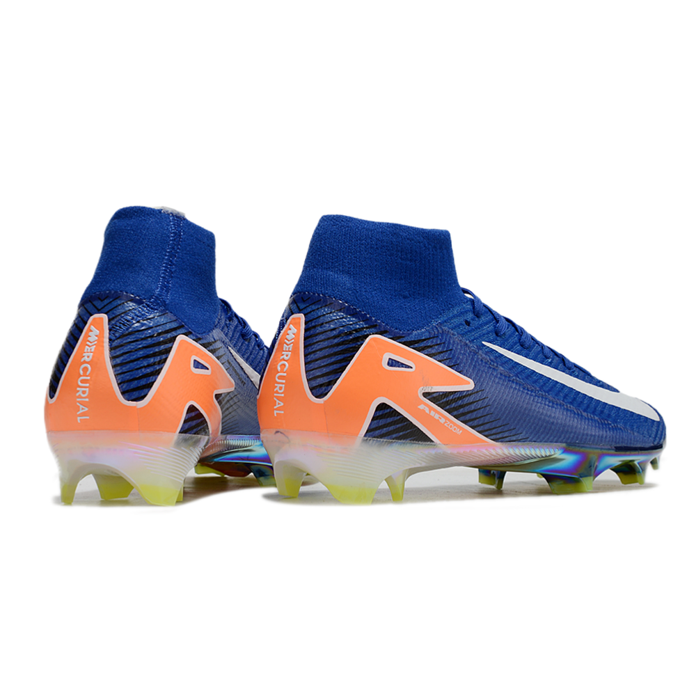 Chuteira Campo Nike Air Zoom Mercurial Superfly 10 Elite FG Azul, Branca e Laranja