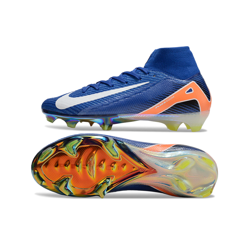 Chuteira Campo Nike Air Zoom Mercurial Superfly 10 Elite FG Azul, Branca e Laranja