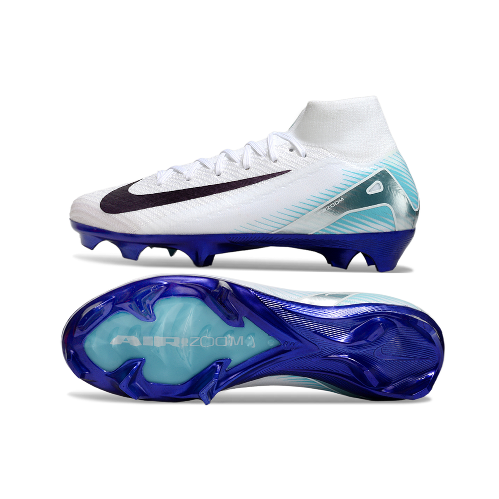 Chuteira Campo Nike Air Zoom Mercurial Superfly 10 Elite FG Branca e Azul