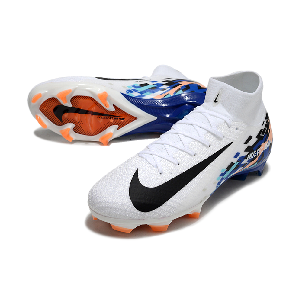 Chuteira Campo Nike Air Zoom Mercurial Superfly 10 Elite FG Branca, Azul e Laranja