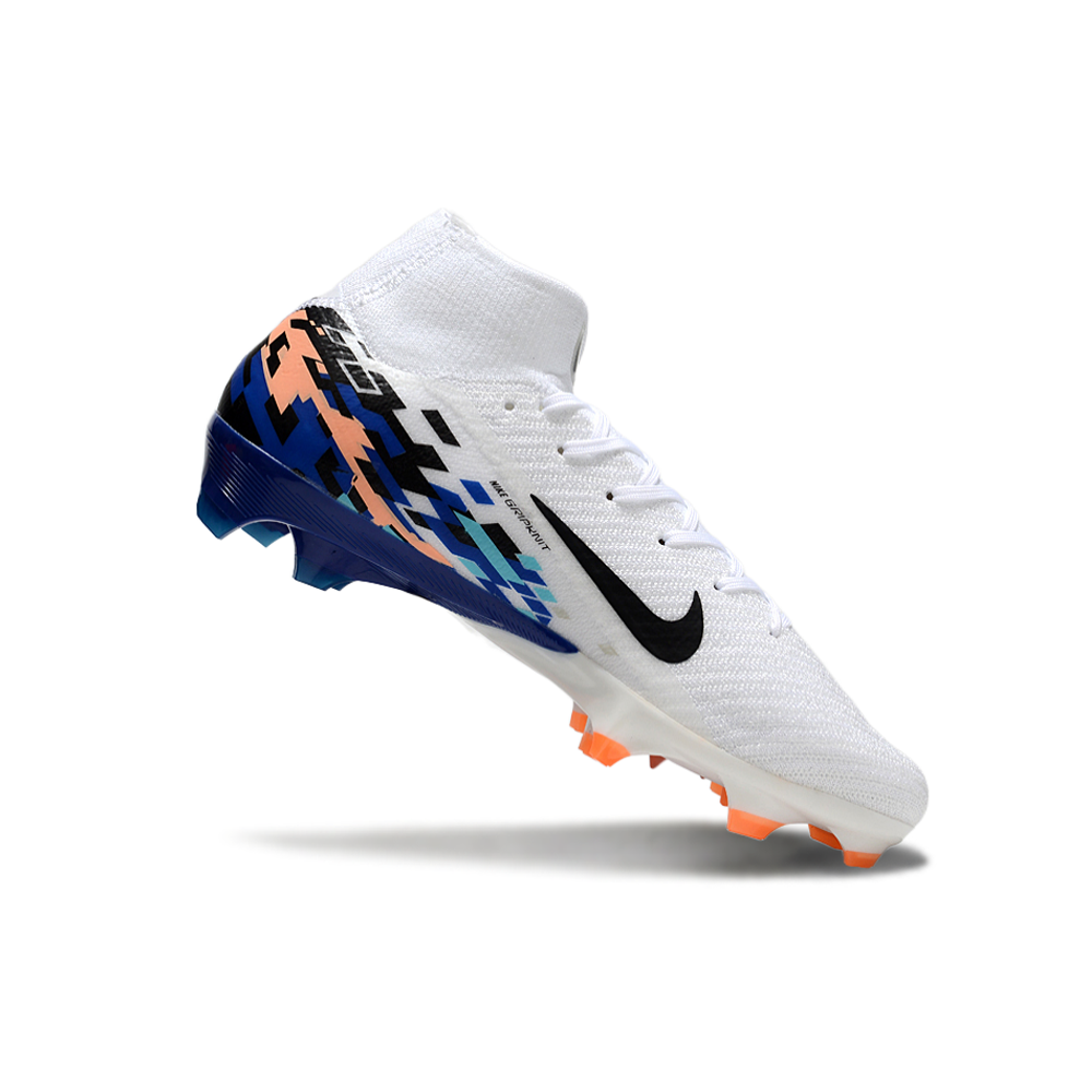 Chuteira Campo Nike Air Zoom Mercurial Superfly 10 Elite FG Branca, Azul e Laranja