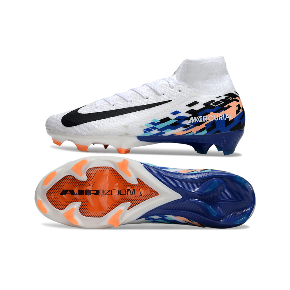 Chuteira Campo Nike Air Zoom Mercurial Superfly 10 Elite FG Branca, Azul e Laranja
