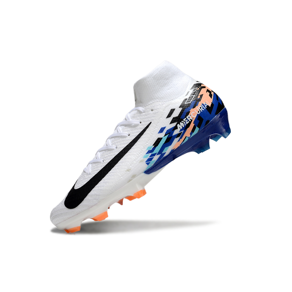 Chuteira Campo Nike Air Zoom Mercurial Superfly 10 Elite FG Branca, Azul e Laranja