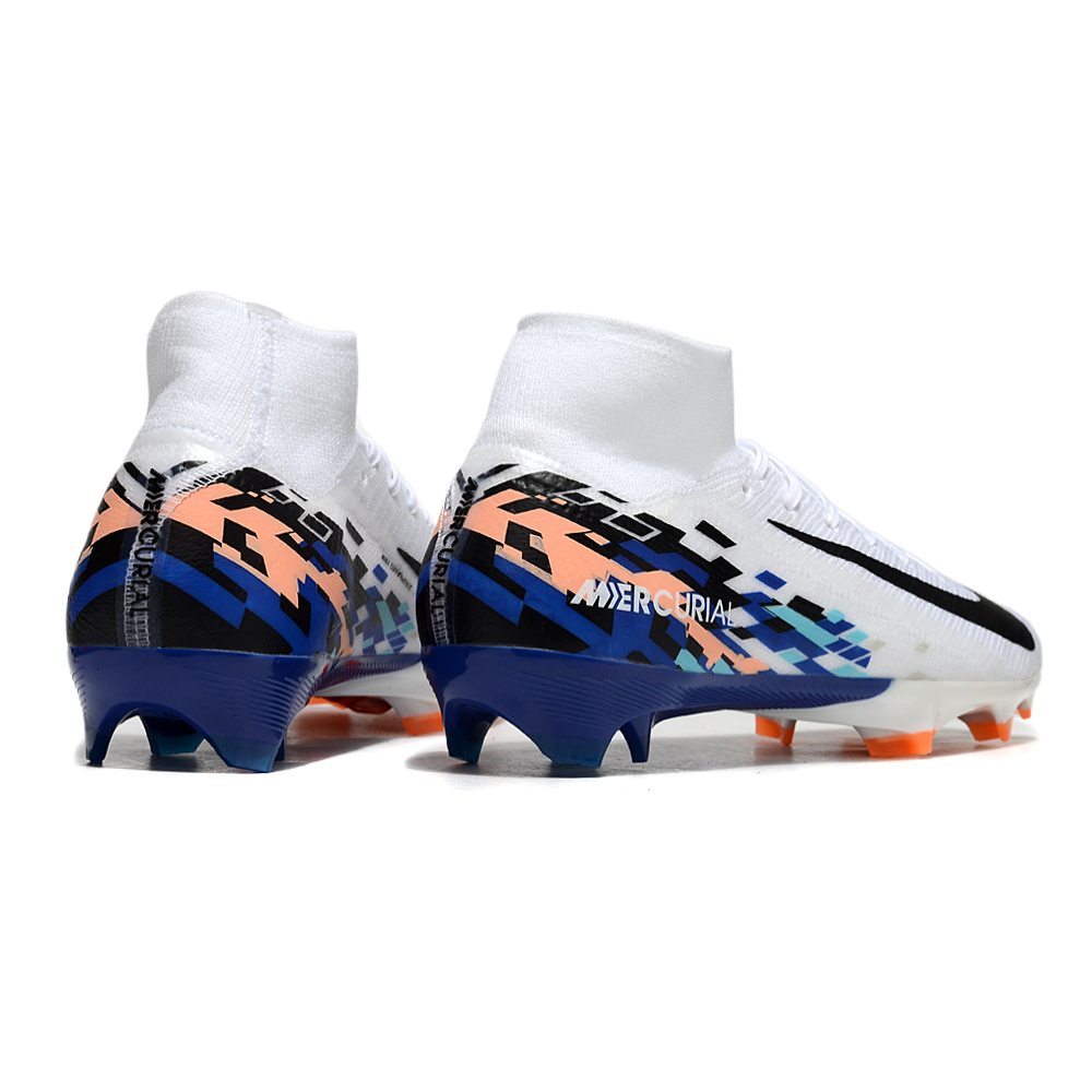 Chuteira Campo Nike Air Zoom Mercurial Superfly 10 Elite FG Branca, Azul e Laranja
