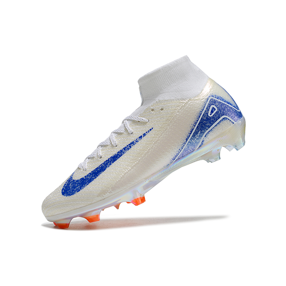 Chuteira Campo Nike Air Zoom Mercurial Superfly 10 Elite FG Branca, Azul e Laranja 