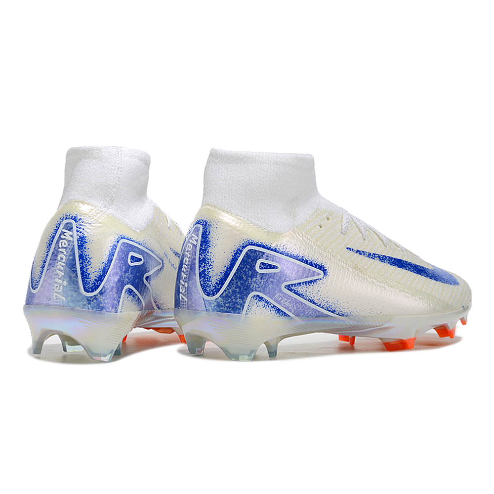 Chuteira Campo Nike Air Zoom Mercurial Superfly 10 Elite FG Branca, Azul e Laranja 