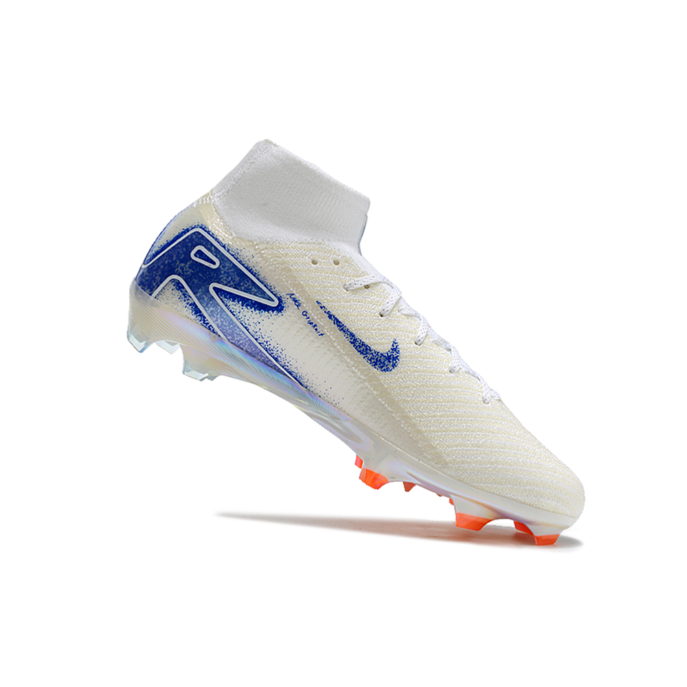 Chuteira Campo Nike Air Zoom Mercurial Superfly 10 Elite FG Branca, Azul e Laranja 
