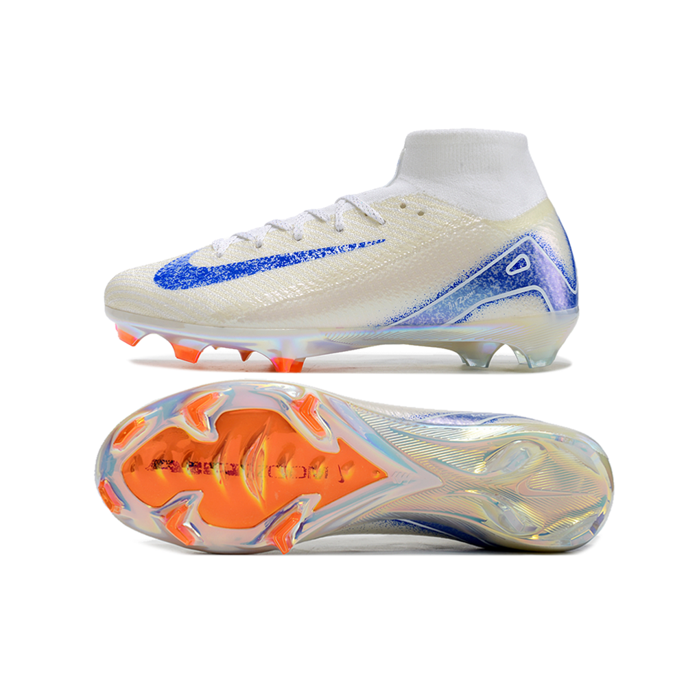 Chuteira Campo Nike Air Zoom Mercurial Superfly 10 Elite FG Branca, Azul e Laranja 