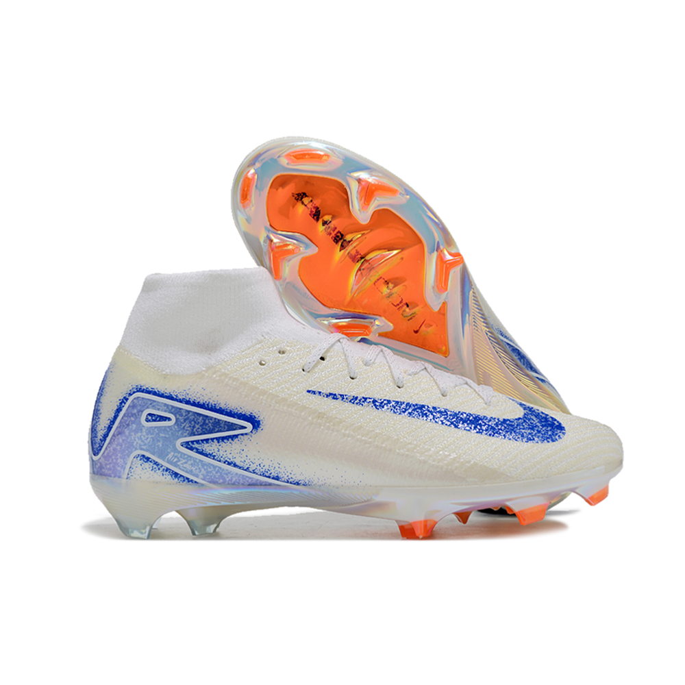 Chuteira Campo Nike Air Zoom Mercurial Superfly 10 Elite FG Branca, Azul e Laranja 