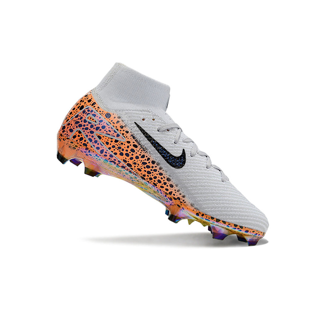 Chuteira Campo Nike Air Zoom Mercurial Superfly 10 Elite FG Branca, Laranja e Preto 