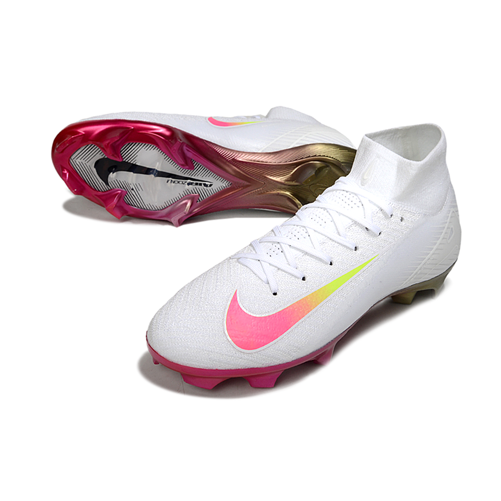 Chuteira Campo Nike Air Zoom Mercurial Superfly 10 Elite FG Branca, Rosa e Amarelo