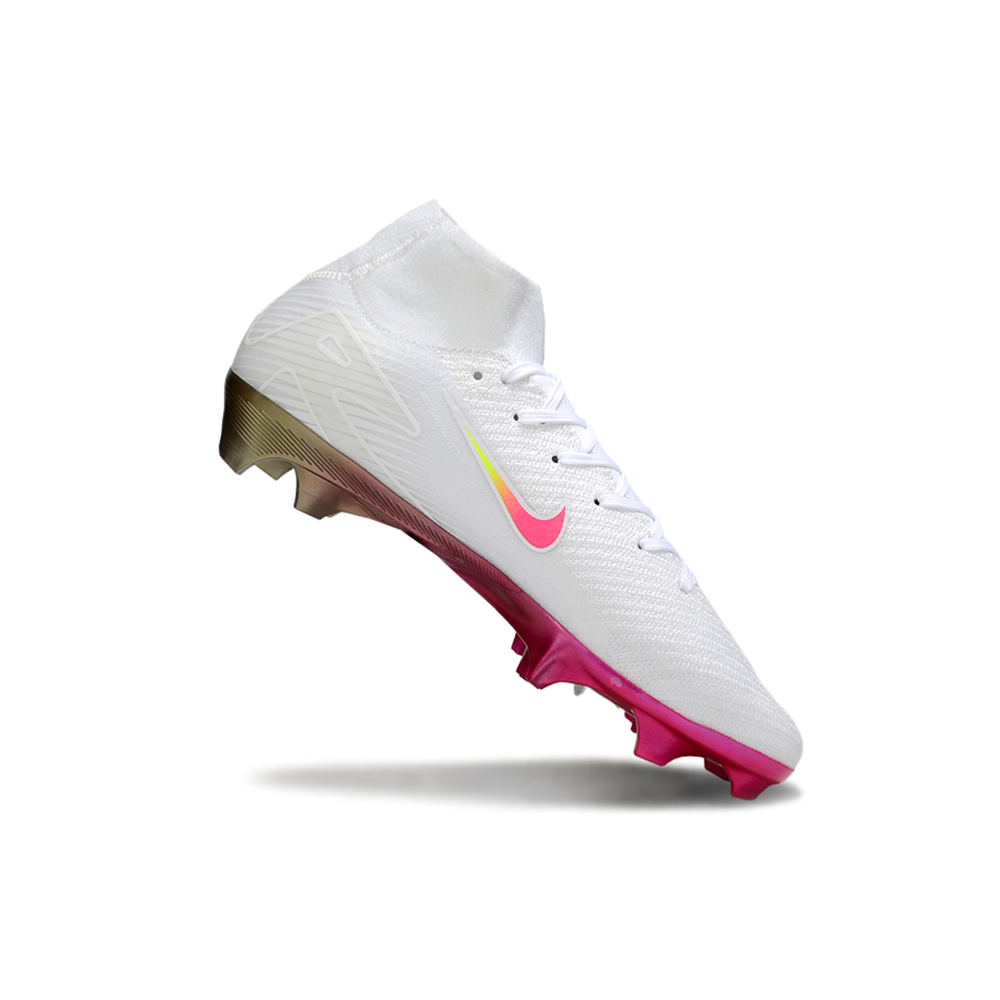 Chuteira Campo Nike Air Zoom Mercurial Superfly 10 Elite FG Branca, Rosa e Amarelo