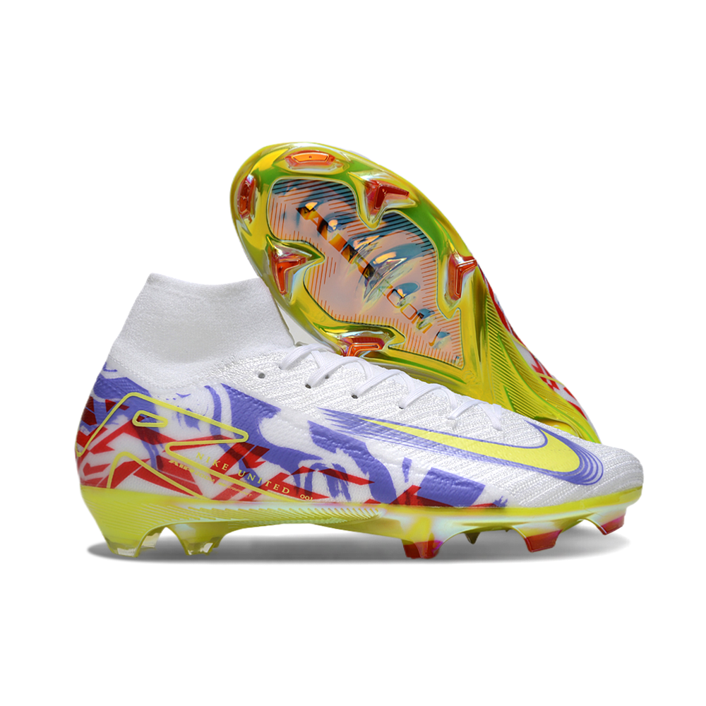 Chuteira Campo Nike Air Zoom Mercurial Superfly 10 Elite FG Branca, Roxo, Verde e Vermelho