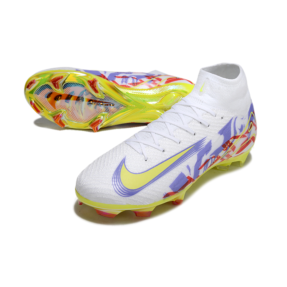 Chuteira Campo Nike Air Zoom Mercurial Superfly 10 Elite FG Branca, Roxo, Verde e Vermelho