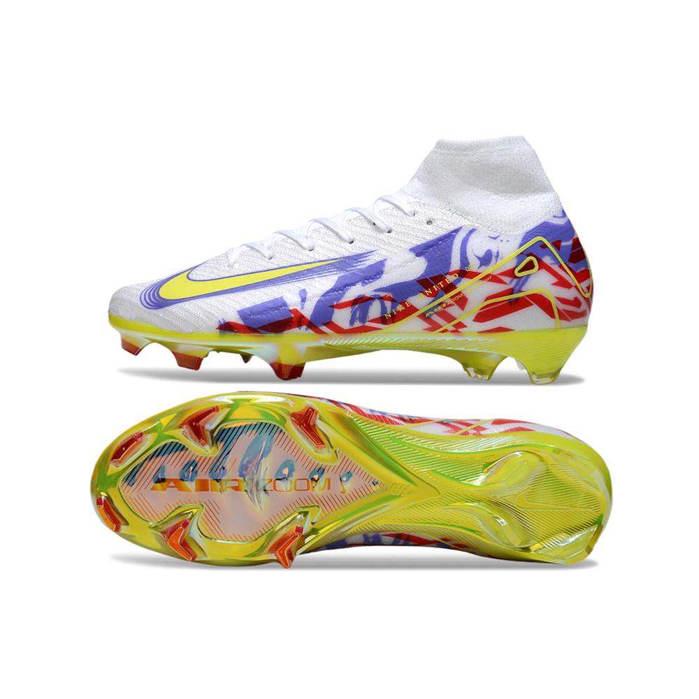 Chuteira Campo Nike Air Zoom Mercurial Superfly 10 Elite FG Branca, Roxo, Verde e Vermelho