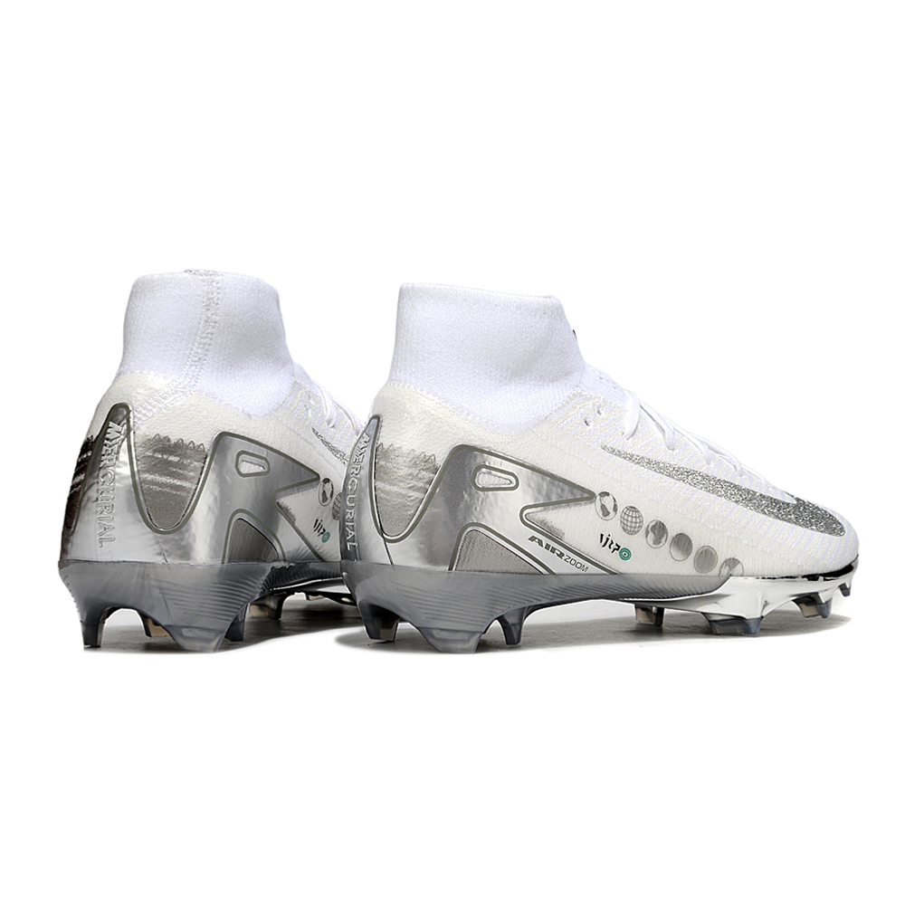 Chuteira Campo Nike Air Zoom Mercurial Superfly 10 Elite FG Branco e Prata