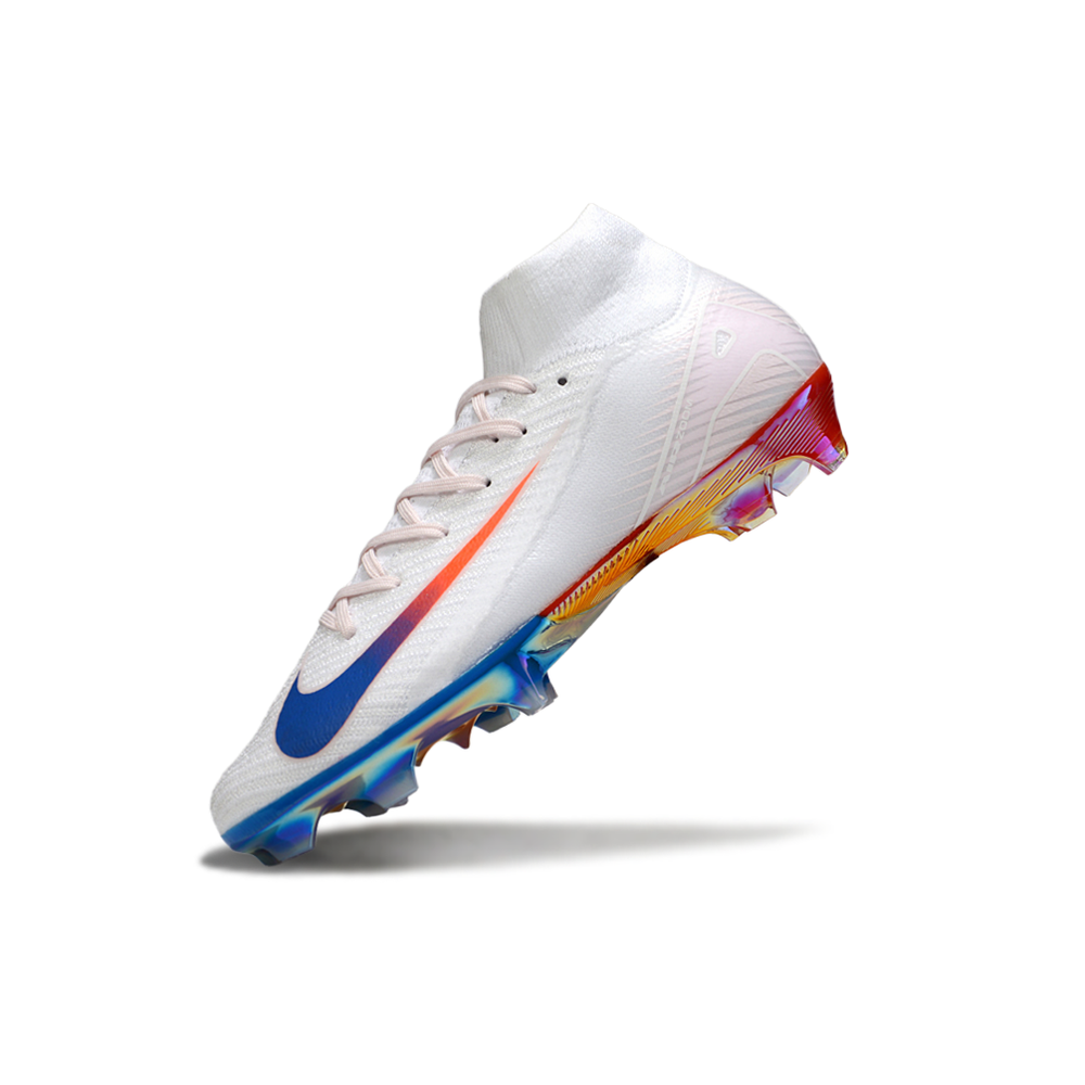 Chuteira Campo Nike Air Zoom Mercurial Superfly 10 Elite FG Branco, Azul e Laranja
