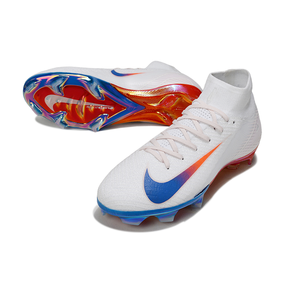 Chuteira Campo Nike Air Zoom Mercurial Superfly 10 Elite FG Branco, Azul e Laranja