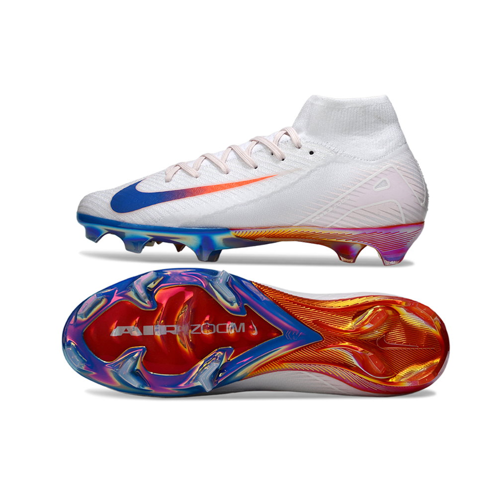 Chuteira Campo Nike Air Zoom Mercurial Superfly 10 Elite FG Branco, Azul e Laranja