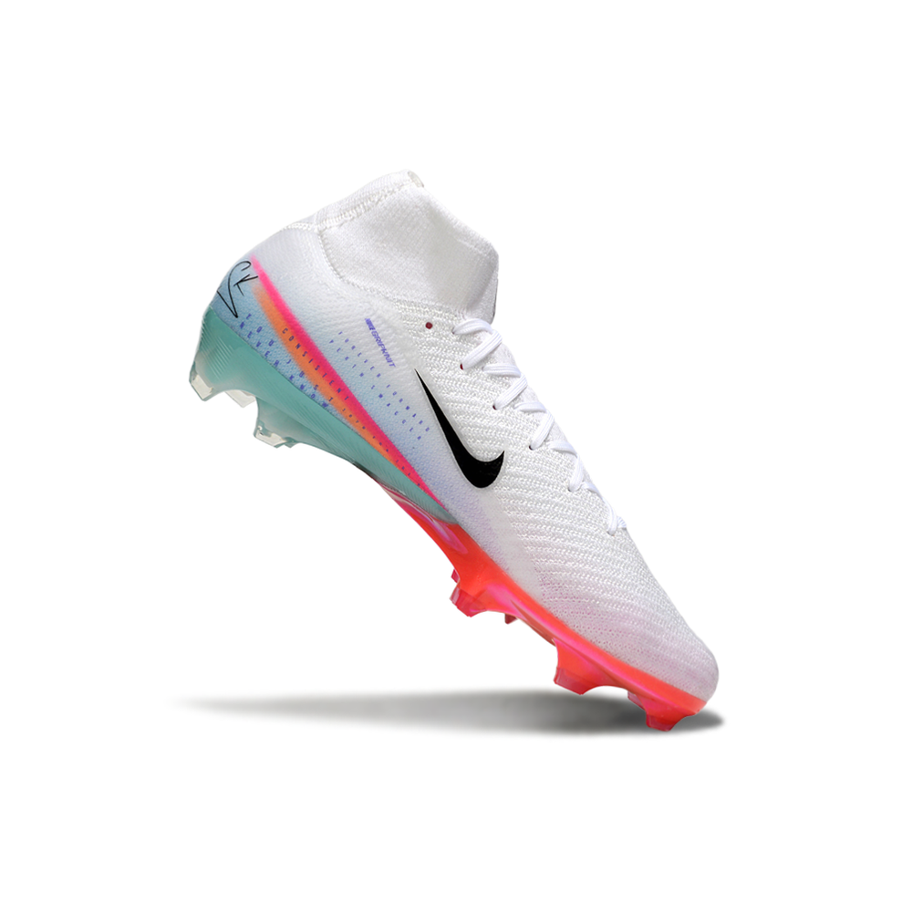 Chuteira Campo Nike Air Zoom Mercurial Superfly 10 Elite FG Branco, Rosa e Azul