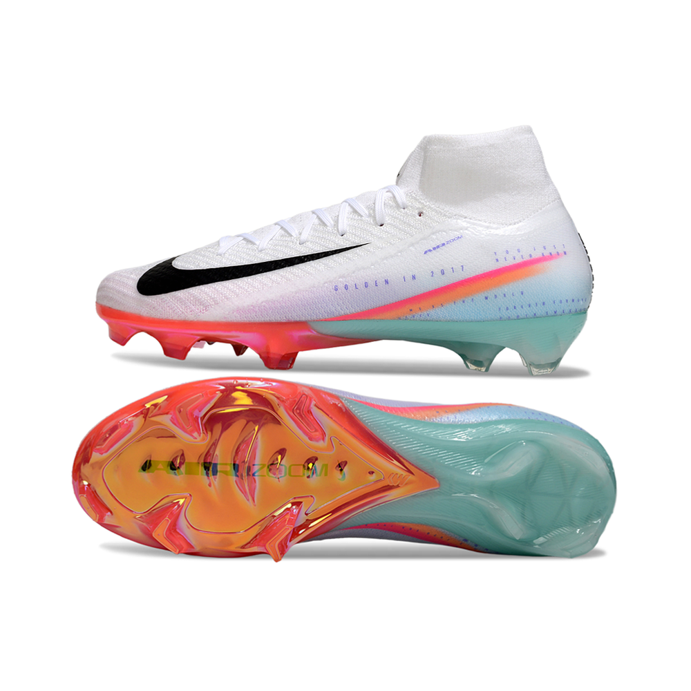 Chuteira Campo Nike Air Zoom Mercurial Superfly 10 Elite FG Branco, Rosa e Azul