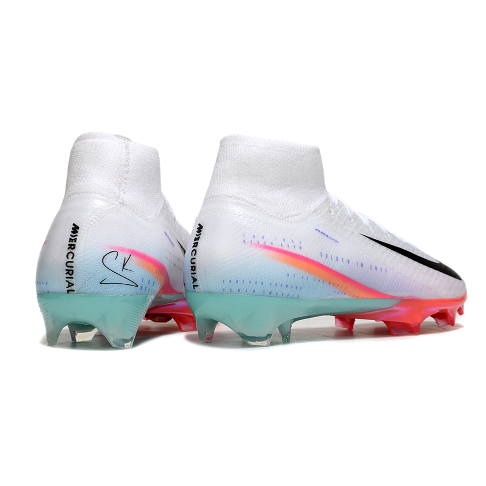 Chuteira Campo Nike Air Zoom Mercurial Superfly 10 Elite FG Branco, Rosa e Azul