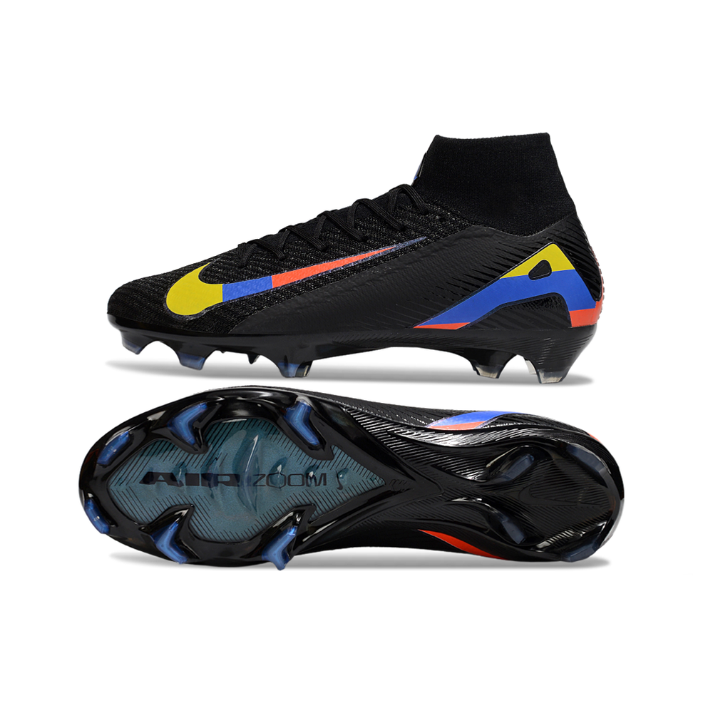 Chuteira Campo Nike Air Zoom Mercurial Superfly 10 Elite FG Preto, Amarelo, Azul e Vermelho